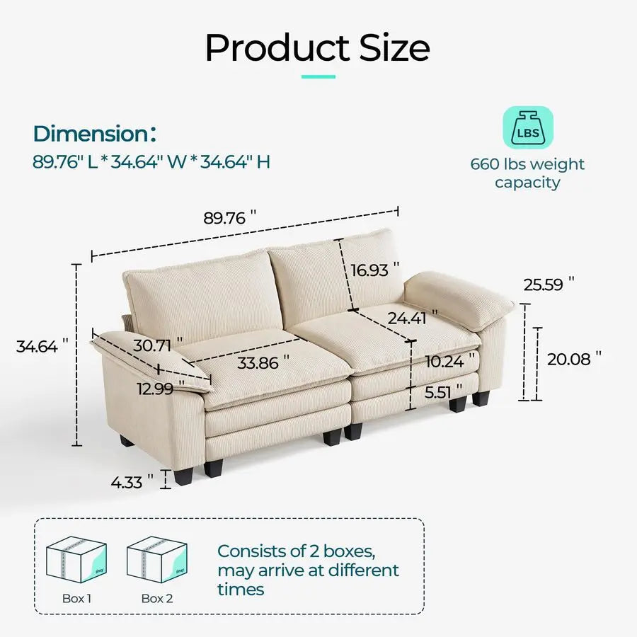 90 Cloud Loveseat Sofa, Modular Sectional Couches Corduroy Cloud Couch Soft Modern Comfy Love Seat Sofa Set for Living Room Apa
