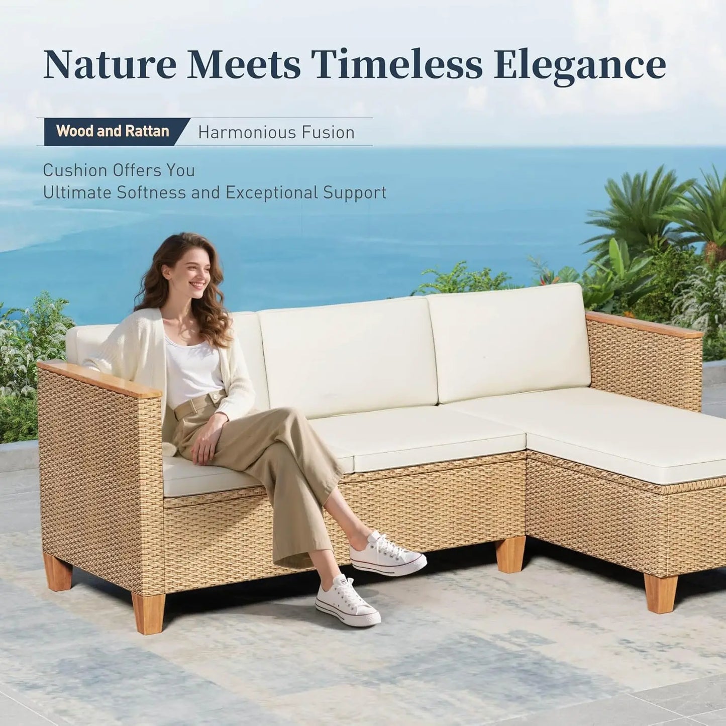 Small Patio Furniture Set, 3 Piece Wicker Outdoor Patio Conversation Set, Outside L-Shaped Sectional Sofa Couch, Customized