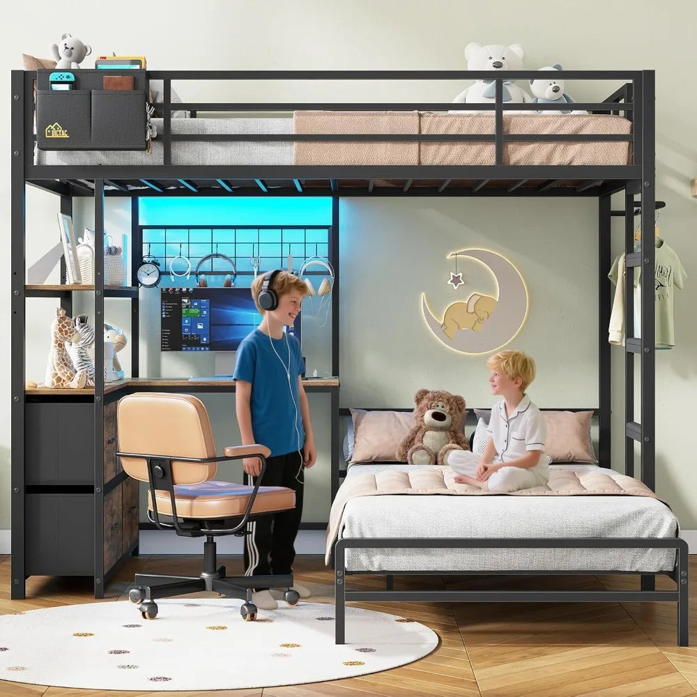 Bunk Bed with L-Shaped Desk,5 Storage Drawers and 2 Shelves Metal Twin XL Over Twin Bunk Bed with LED Lights