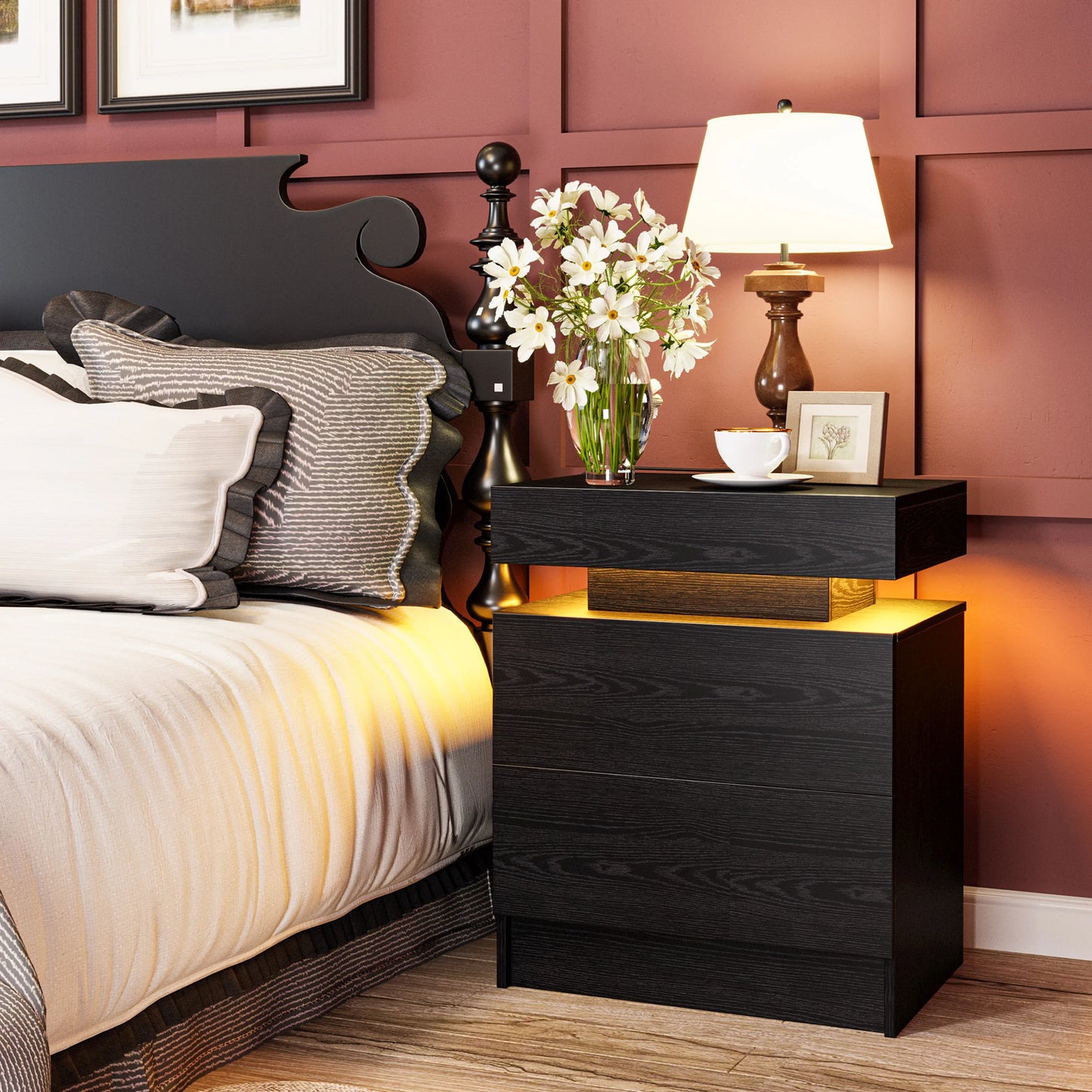 LIKIMIO Night Stand with Charging Station, Modern Nightstand with LED Light and Drawers, Bedside Tables/End Table for Bedroom