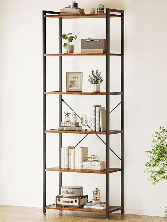Book Shelf, 6 Tier Tall Bookshelf, Modern Wood Bookcase Shelves for Bedroom, Industrial Display Shelf for Living Room Home Offi
