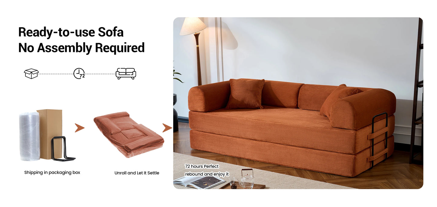 79’’ Folding Convertible Sofa Bed Corduroy Upholstered Boneless Couch, Loveseat Sleeper Floor Sofa for Living Room Bedroom