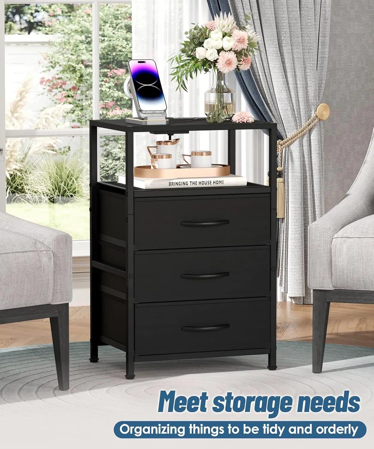 LED Nightstand with Charging Station, 3 Drawers & Open Shelf, RGB Lights Sync to Music, Black