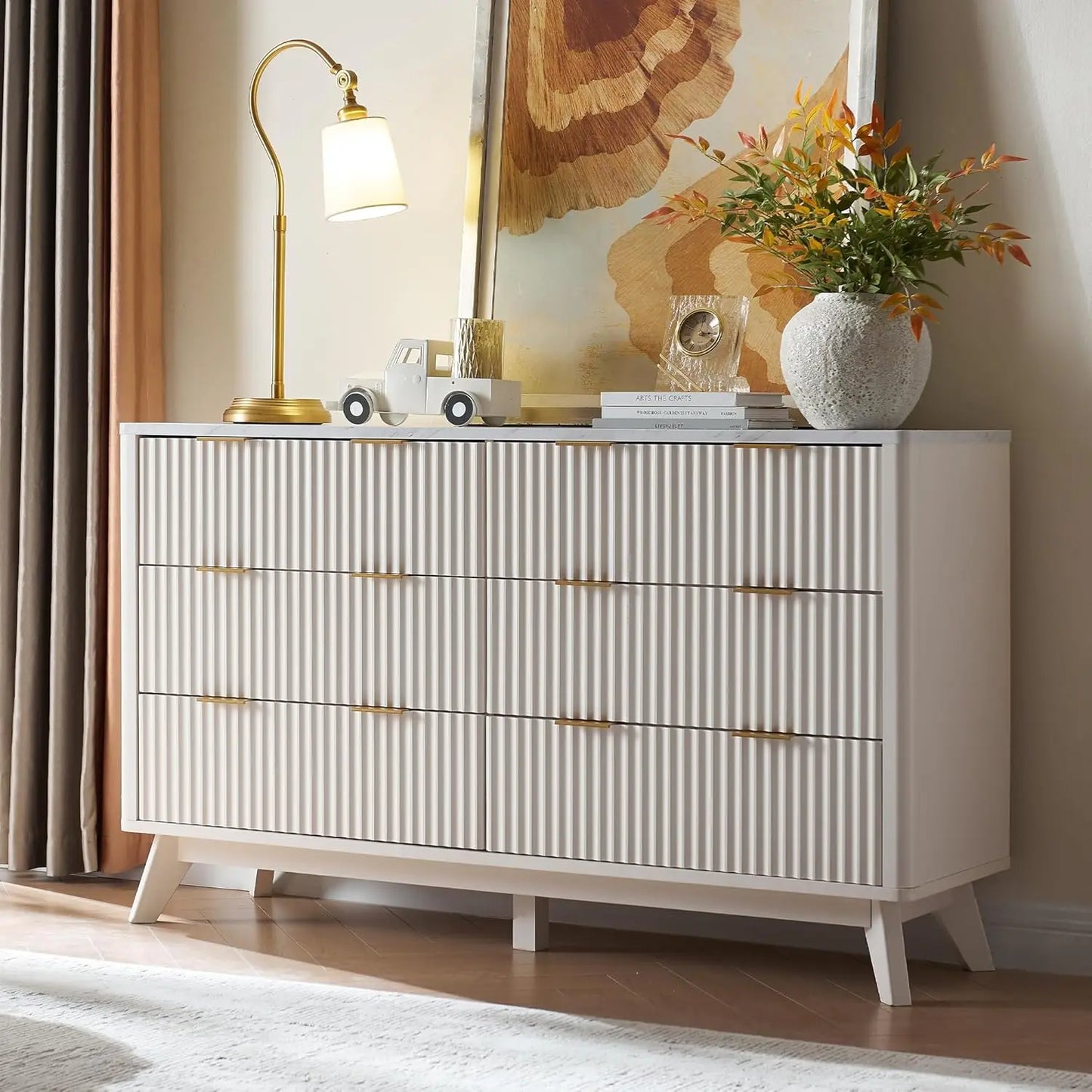 Fluted 6 Drawers Dresser, 54" Wide Modern Chest of Drawers with Faux Marble Top, Curved Profile Design, Dresser TV, Customized