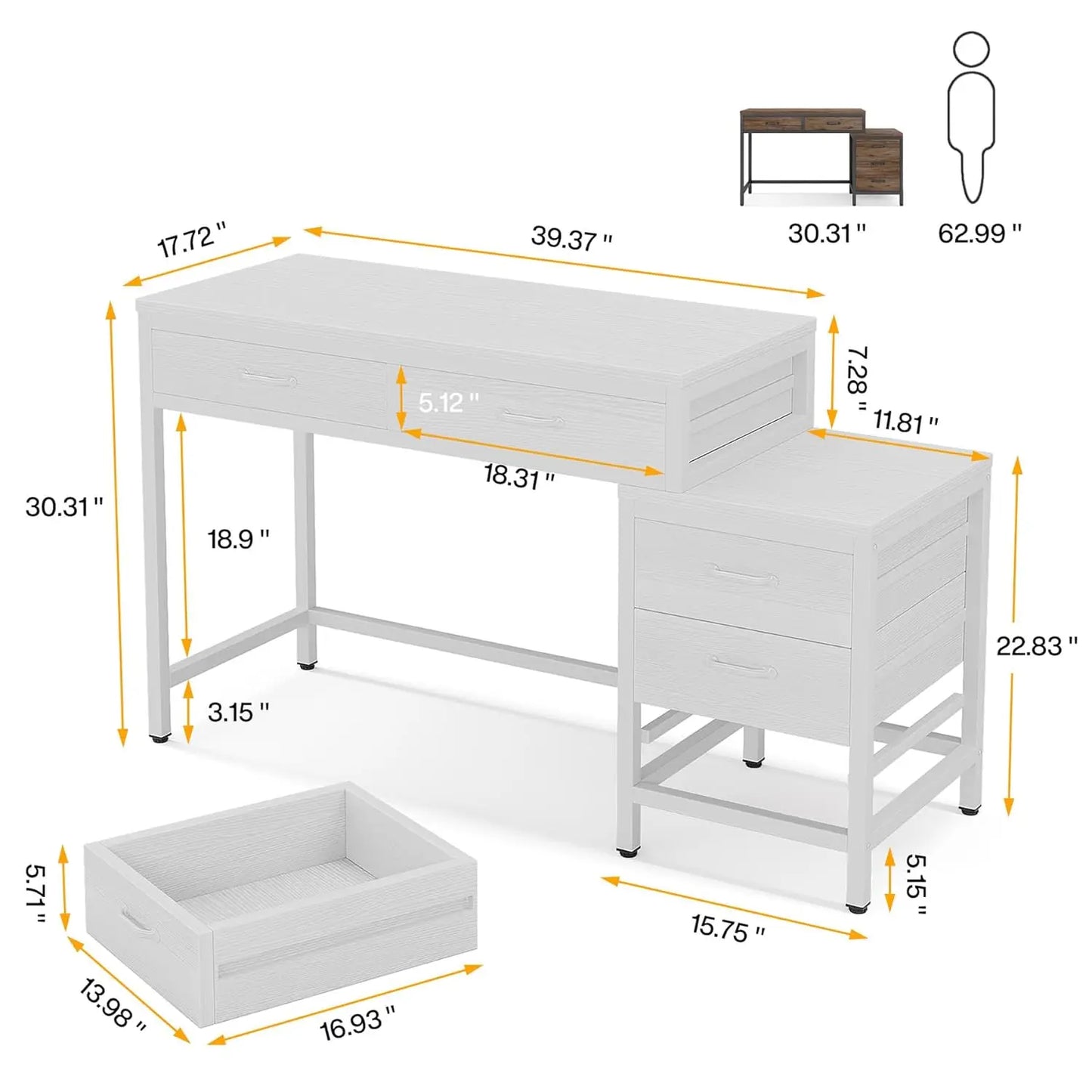 Vanity Desk with 5 Drawers, Makeup Vanity Table Dressing Table with Side 3-Drawer Chest, Make Up Vanities for, Customized