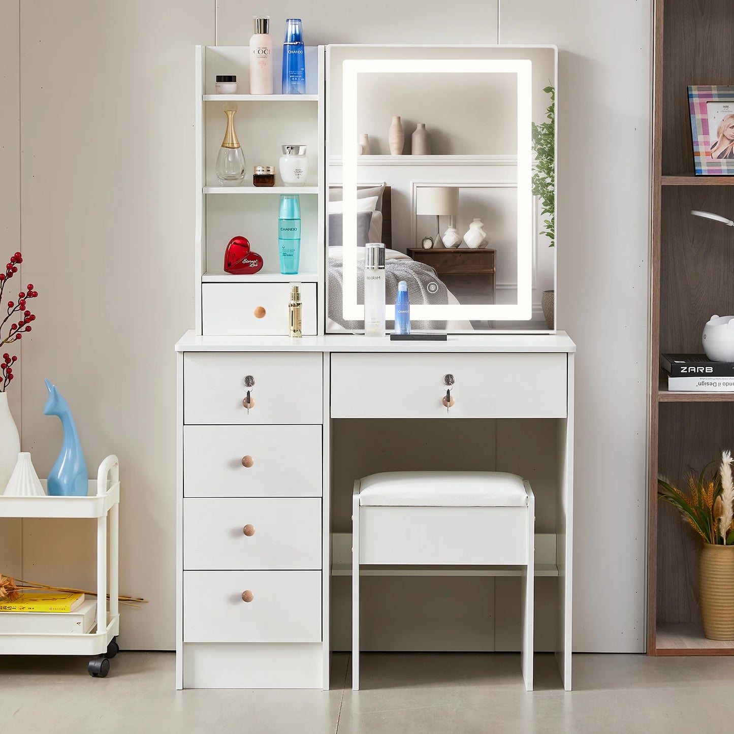 Teousev White Hollywood Vanity Set with Touch Control Dimmer LED Mirror 6 Drawers & Stool 3 Color Lighting Easy Assembly Bedroom