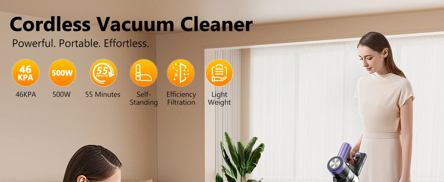 500W/55KPA Self-Standing Cordless Vacuum Cleaner,60 Mins Handheld Vacuum Cleaners,Smart LED Screen Vacuum for Carpet/Pet Hair