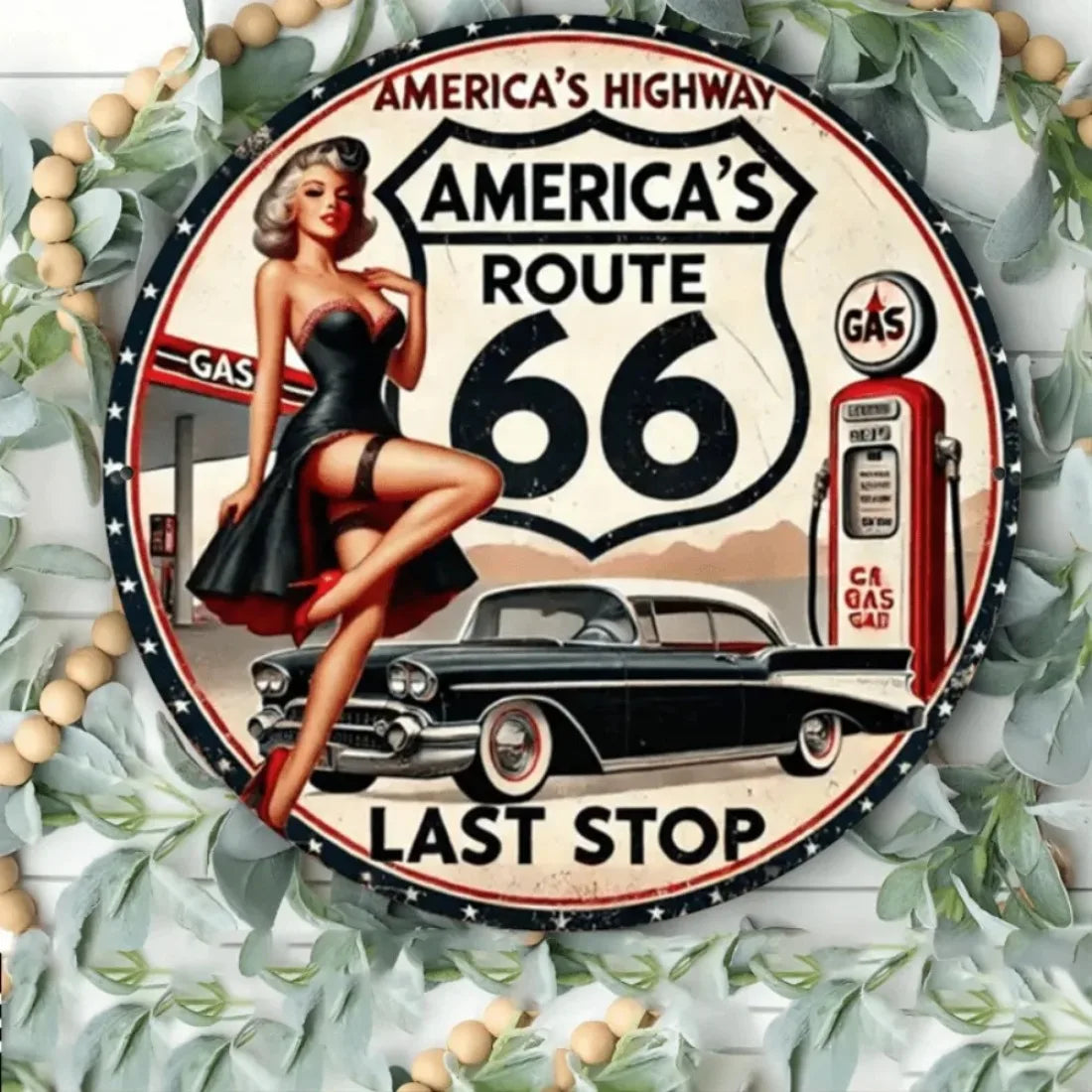 Route 66 Metal Sign Vintage Wall Decor with Pinup Girl & Classic Car f ...