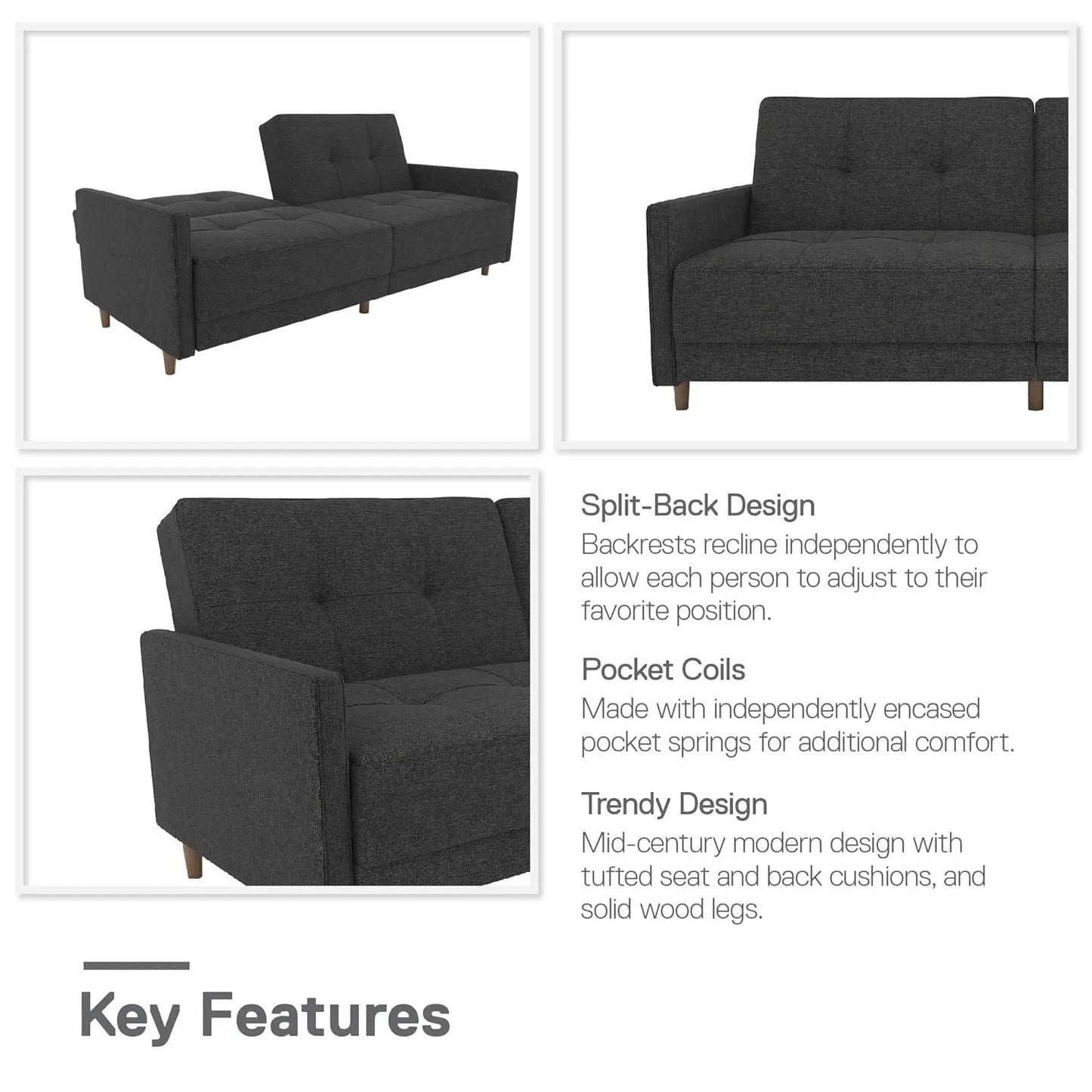 Andora 76 Inch Futon Sofa Bed, Modern Upholstered Couch Sleeper with Button Tufted Back and Seat, Dark Gray