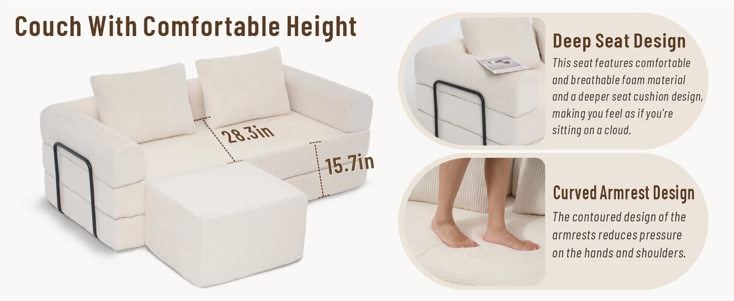 78" Modular Corduroy Sofa Bed with Ottoman, 5in1 Folding Floor Mattress Couch,Sleeper Sofa with Fixed-Shape Frame,Futon Sofa Bed