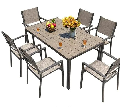 HOT-Patio Dining Set 7 Pieces Outdoor Furniture with Large Table and 6 Textilene Chairs for Porch, Brown