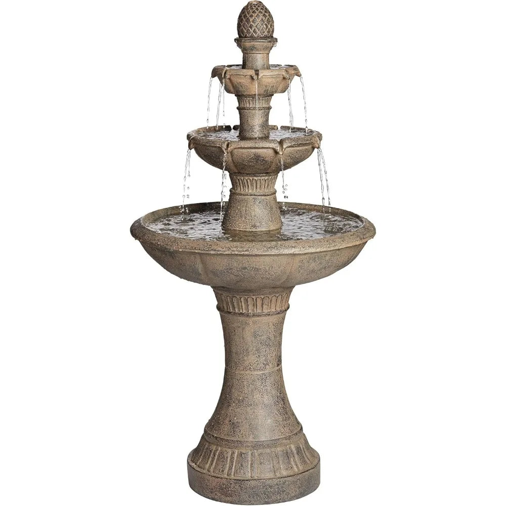 Louvre Italian Style 3 Tier Outdoor Floor Water Fountain with Light LED 44" High Gray Faux Stone Resin for Garden Patio Backyard