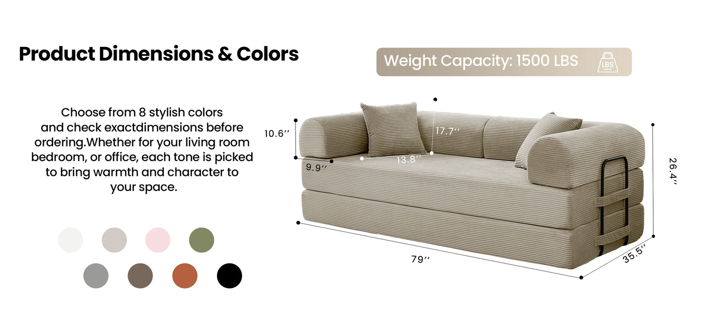 79’’ Folding Convertible Sofa Bed Corduroy Upholstered Boneless Couch, Loveseat Sleeper Floor Sofa for Living Room Bedroom