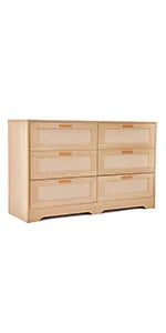 REDLIFE 47.24" Rattan Dresser with 6 Drawers ,Modern Chest Wood Storage Closet w/ Golden Handles for Bedroom Living Room Hallway