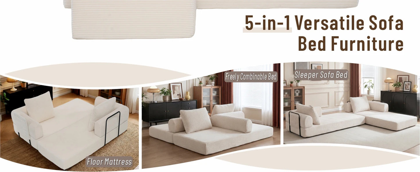 78" Modular Corduroy Sofa Bed with Ottoman, 5in1 Folding Floor Mattress Couch,Sleeper Sofa with Fixed-Shape Frame,Futon Sofa Bed