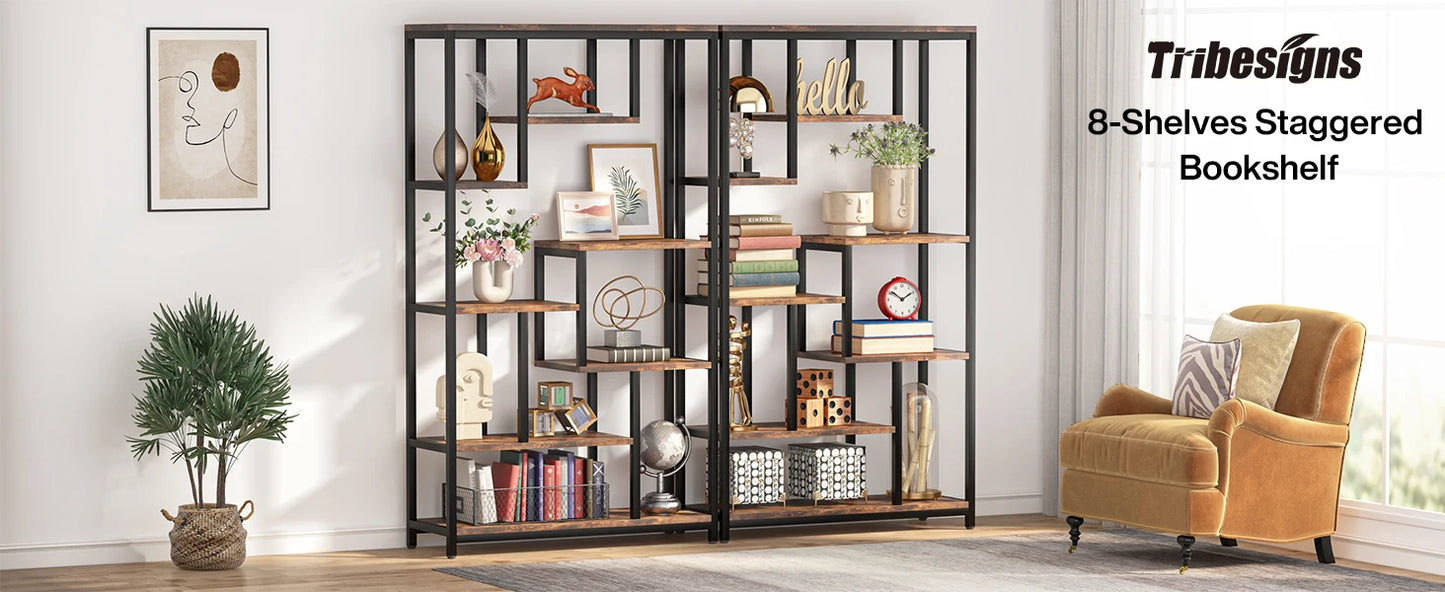 Tribesigns Modern 8-Tier Staggered Bookcase -, Wide Wood Etagere Shelving Unit