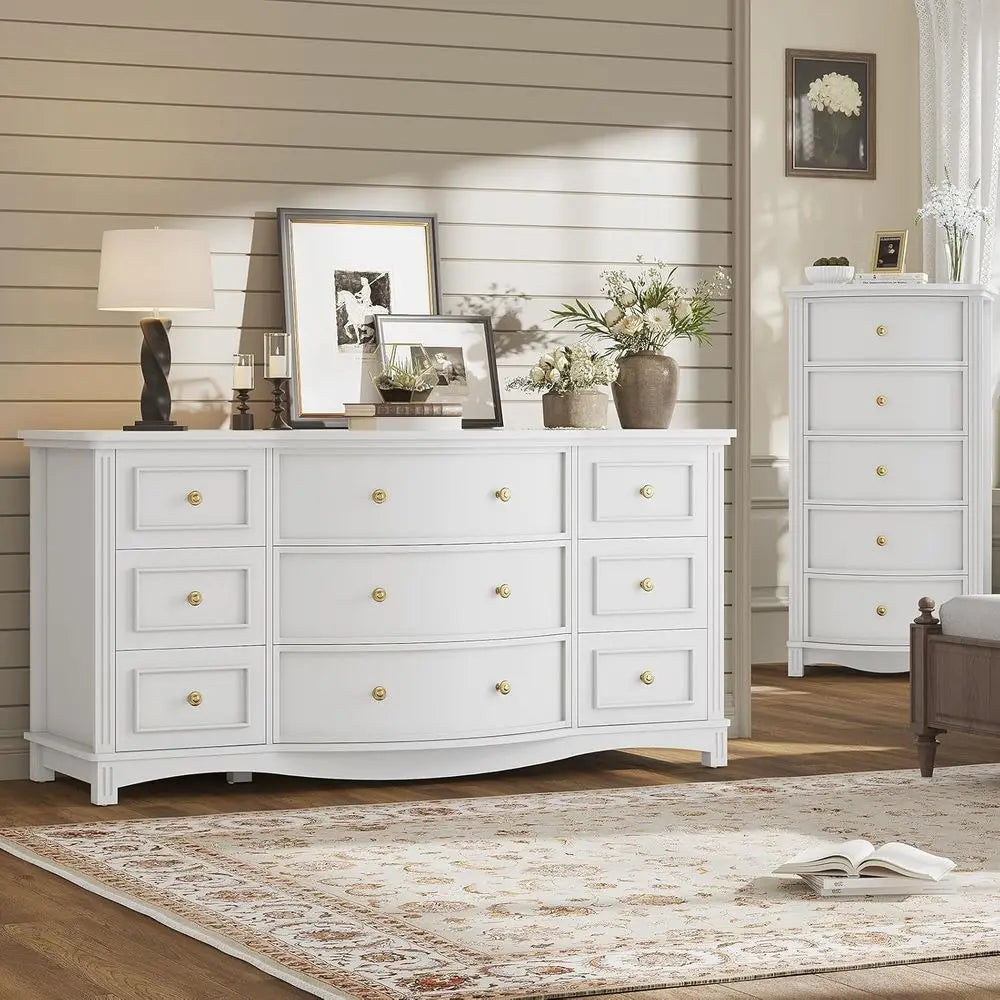 9-Drawer Wide Dresser with 3 Arc Fronts, Roman Columns, White, 55 Long for Bedroom Storage