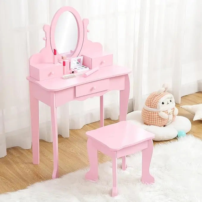 Kids' Vanity Set with Mirror, Makeup Table and Stool for Girls, Vanity Desk and Chair with Wood Makeup Playset for 4-9 Girls