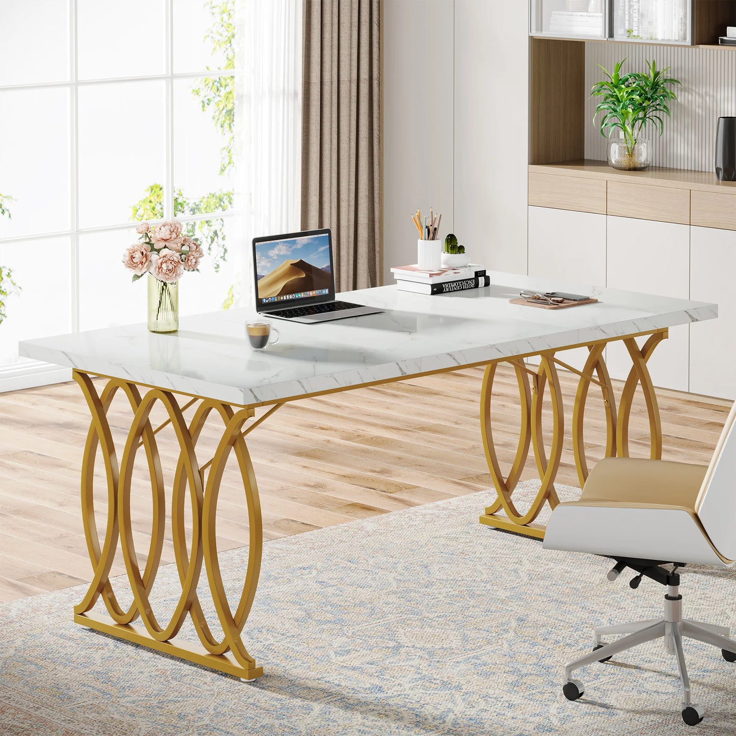 Tribesigns Modern Office Desk, 70.9" Wooden Computer Desk,Executive Desk with Gold Metal Legs, Large Workstation Home Office