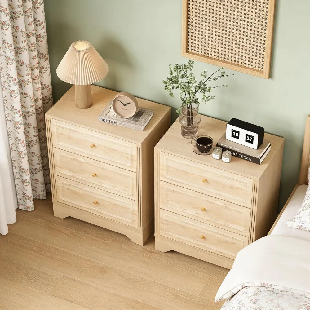 Nightstand Set of 2, Wooden 3-Drawer Bedside Table with Carved Sides, 23-inch Wide End Table with Stable Base, Small，Customized