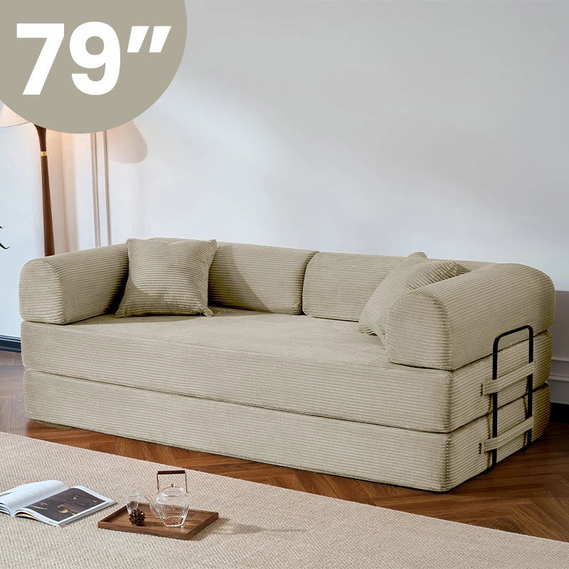 79’’ Folding Convertible Sofa Bed Corduroy Upholstered Boneless Couch, Loveseat Sleeper Floor Sofa for Living Room Bedroom