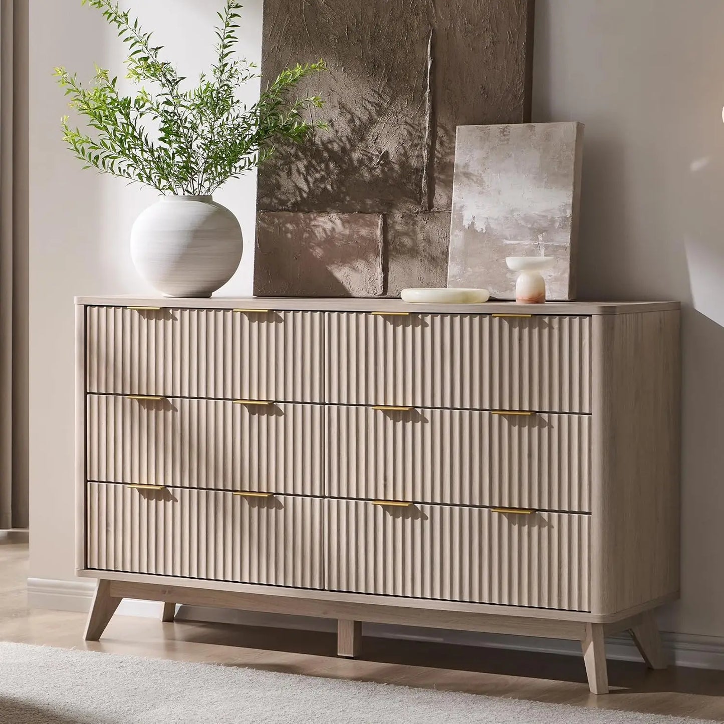 Fluted 6 Drawers Dresser, 54" Wide Modern Chest of Drawers with Faux Marble Top, Curved Profile Design, Dresser TV, Customized