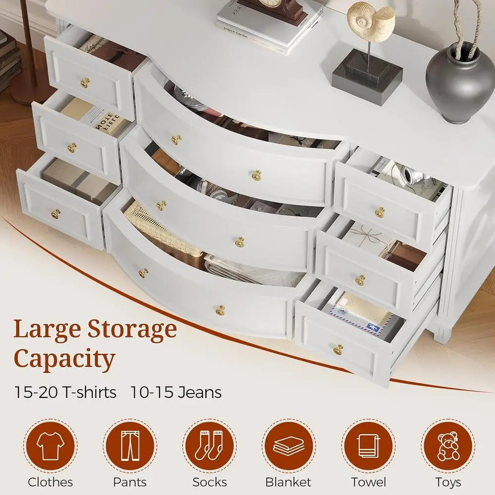 9-Drawer Wide Dresser with 3 Arc Fronts, Roman Columns, White, 55 Long for Bedroom Storage