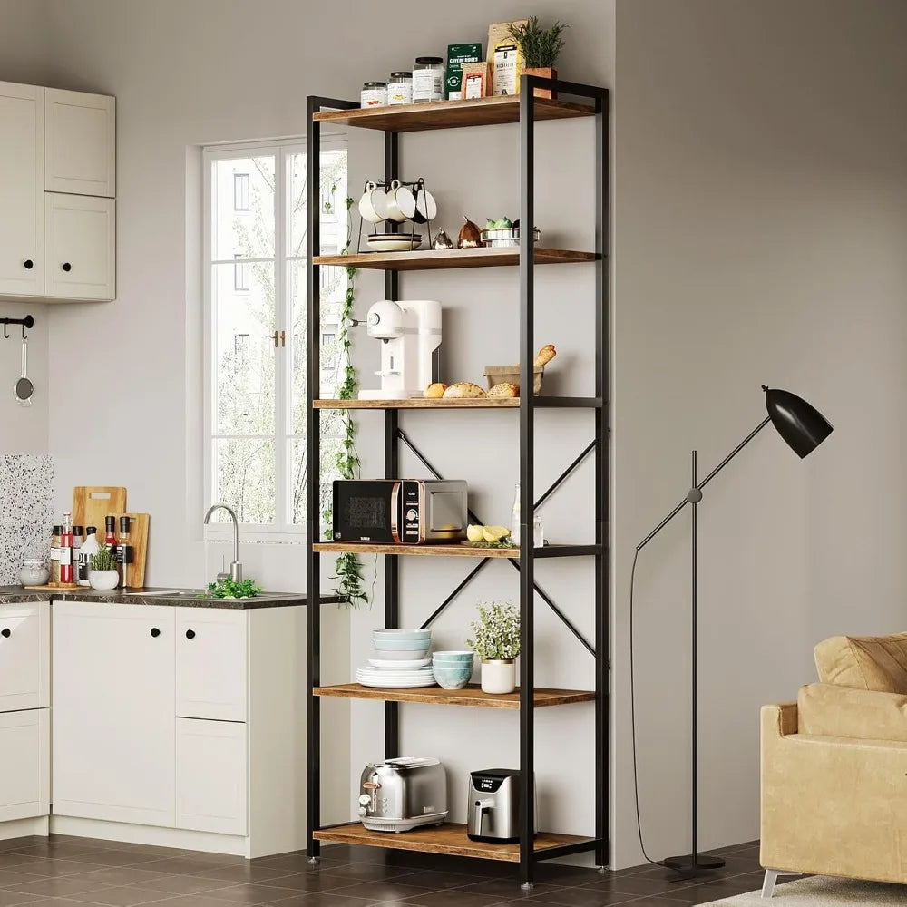 Book Shelf, 6 Tier Tall Bookshelf, Modern Wood Bookcase Shelves for Bedroom, Industrial Display Shelf for Living Room Home Offi