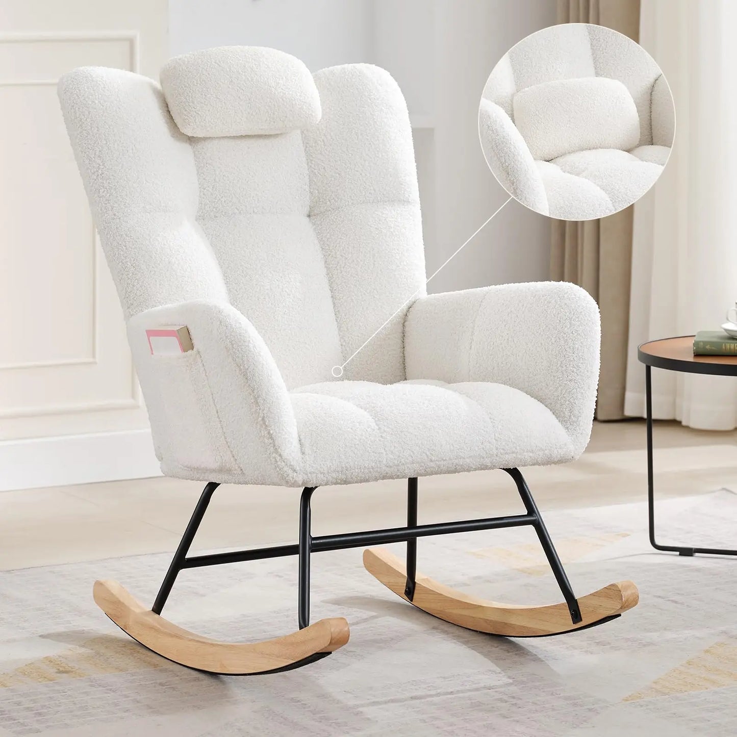 Nursery Rocking Chair Teddy Upholstered Glider Rocker Rocking Accent Chair Padded Seat with High Backrest Armchair Comfy SideCha