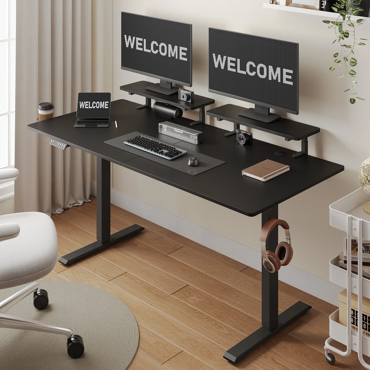 Standing Desk w/ 2 Adjustable Monitor Shelves,Electric Stand Up Desk with Memory Controller & Adjustable Height