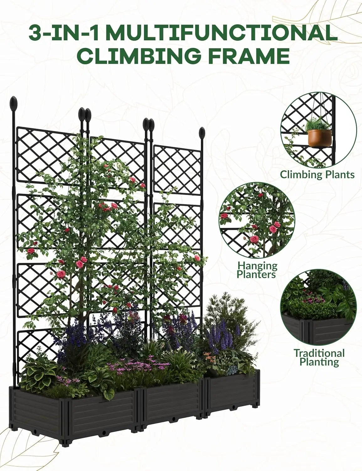 3Pcs Outdoor Raised Planter Box with Trellis Plastic Raised Garden Beds and Metal Trellis for Climbing Plants,Flowers,Vegetables
