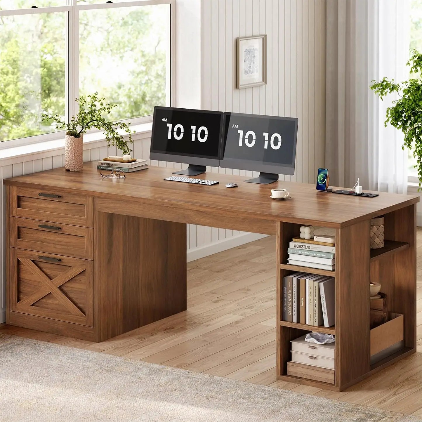 55.1" Executive Office Desk with 3 Drawers, Farmhouse Computer Desk with File Drawer & Storage Shelves, Home Office, Customized