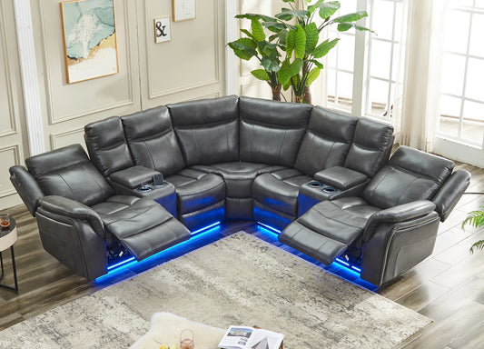 Power Recliner Sectional Sofa with LED Lights, USB, Cup Holders Storage Console Faux Leather Wall Hugger Living Room Couch
