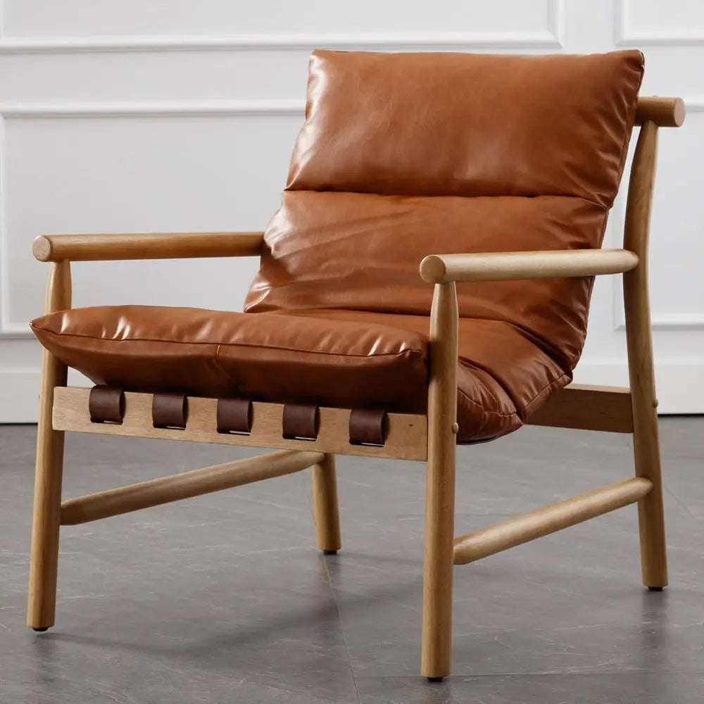 Mid-Century Modern Faux Leather Armchair, Comfortable Wood Frame Lounge Chair for Living Room, Cozy Recliner in Brown