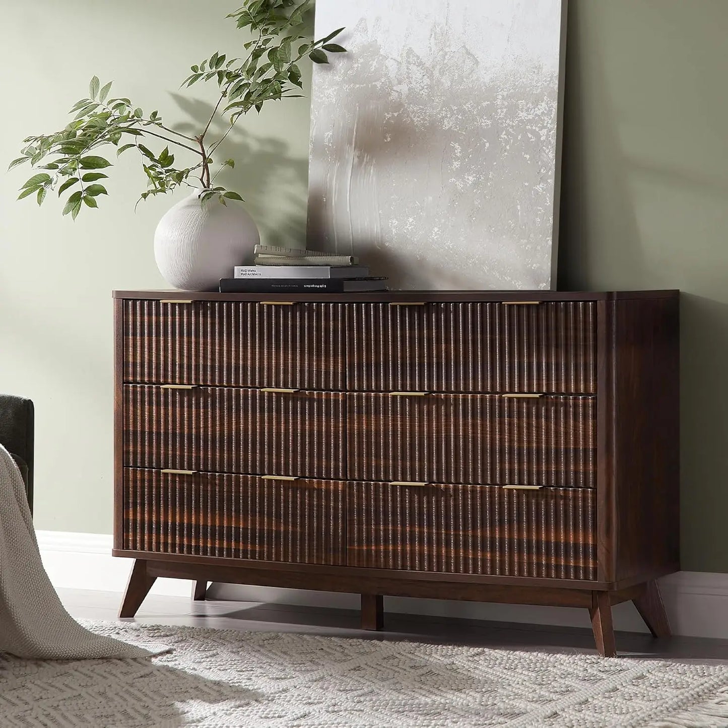 Fluted 6 Drawers Dresser, 54" Wide Modern Chest of Drawers with Faux Marble Top, Curved Profile Design, Dresser TV, Customized
