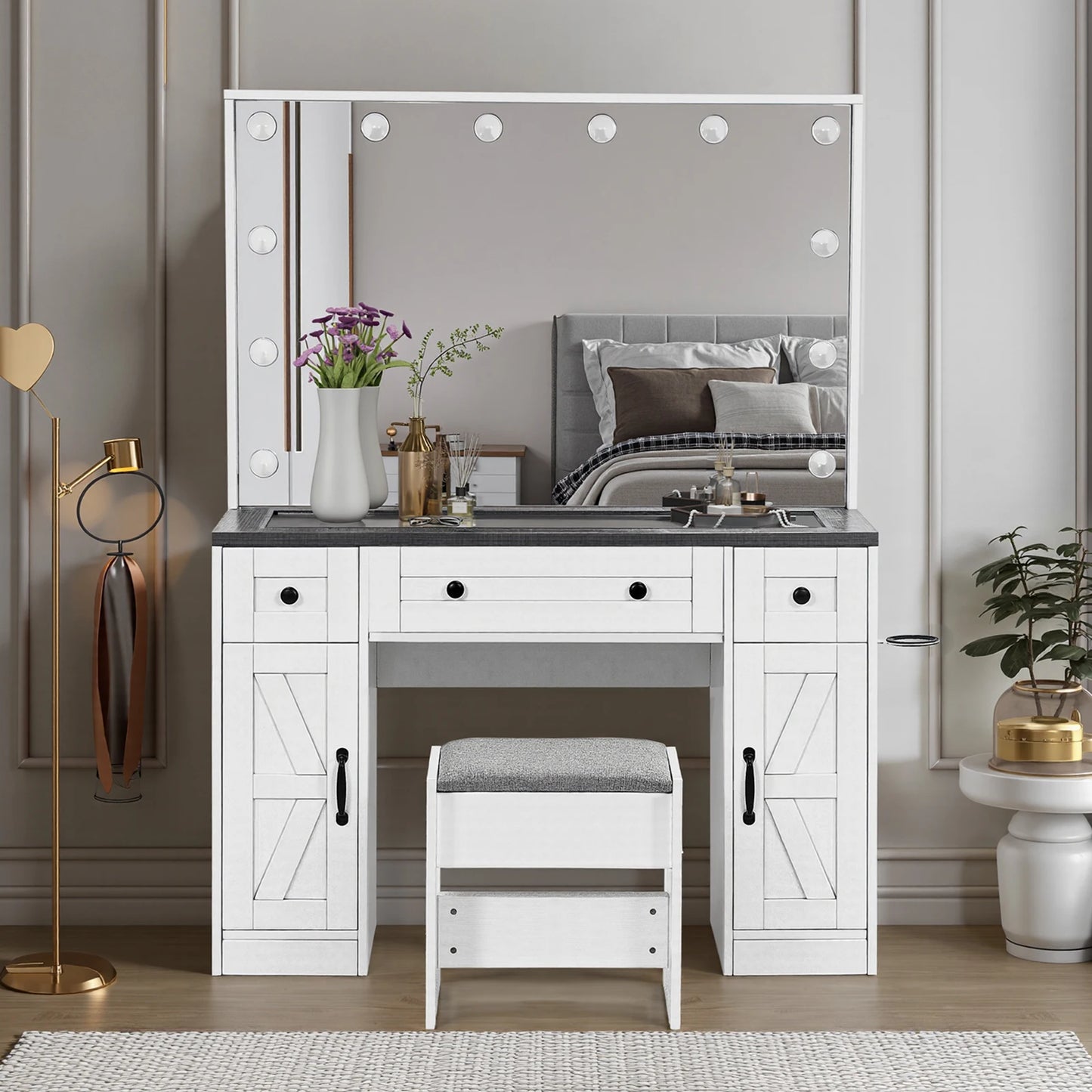 Farmhouse Vanity Desk w/ Lighted Mirror Hollywood Makeup Desk w/ 3 Drawers & 2 Cabinets 43" Dressing Vanity Table Stool Included