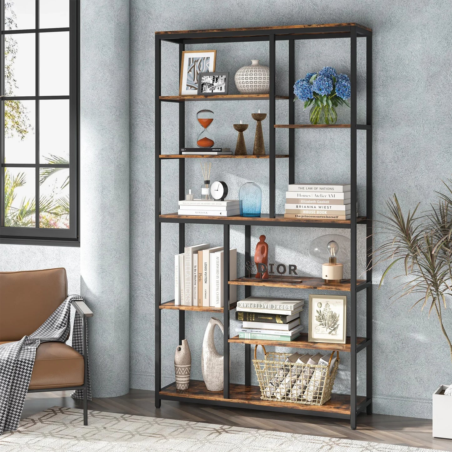 Tribesigns Modern 8-Tier Staggered Bookcase -, Wide Wood Etagere Shelving Unit