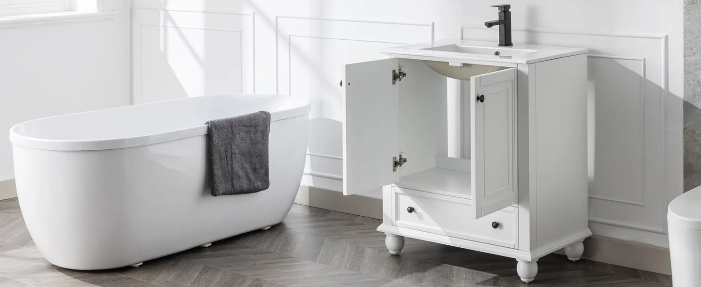 24" Bathroom Vanity Sink Combo Vintage Style with Painted Solid Wood Construction, Retro Vanities Storage Cabinet w/Gourd Leg