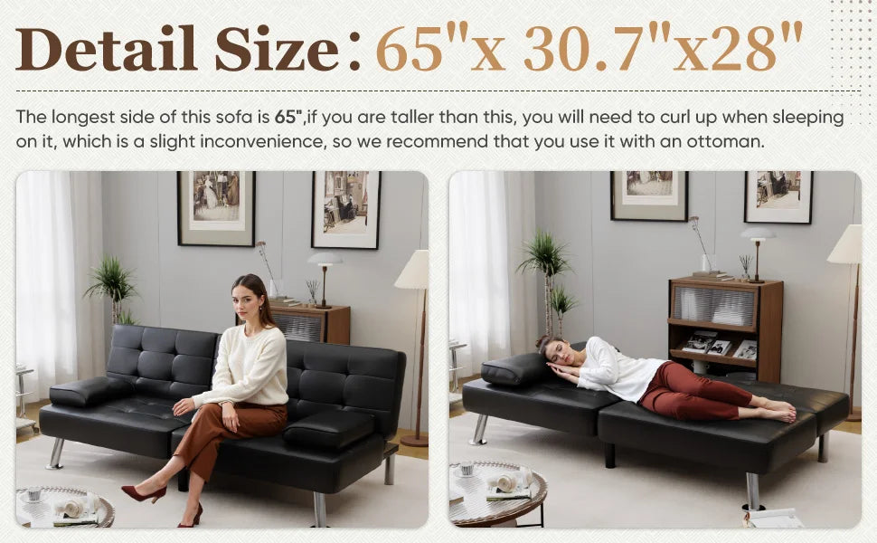 Convertible Folding Futon Sofa Bed Sleeper Couch for Living Room Faux Leather Upholstered Loveseat w/Removable Armrests