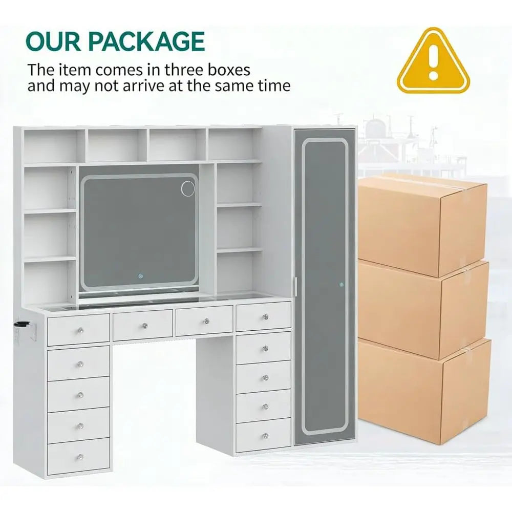 LED-Illuminated Makeup Vanity Desk with 14 Drawers, 10 Shelves, and Hidden Storage, White