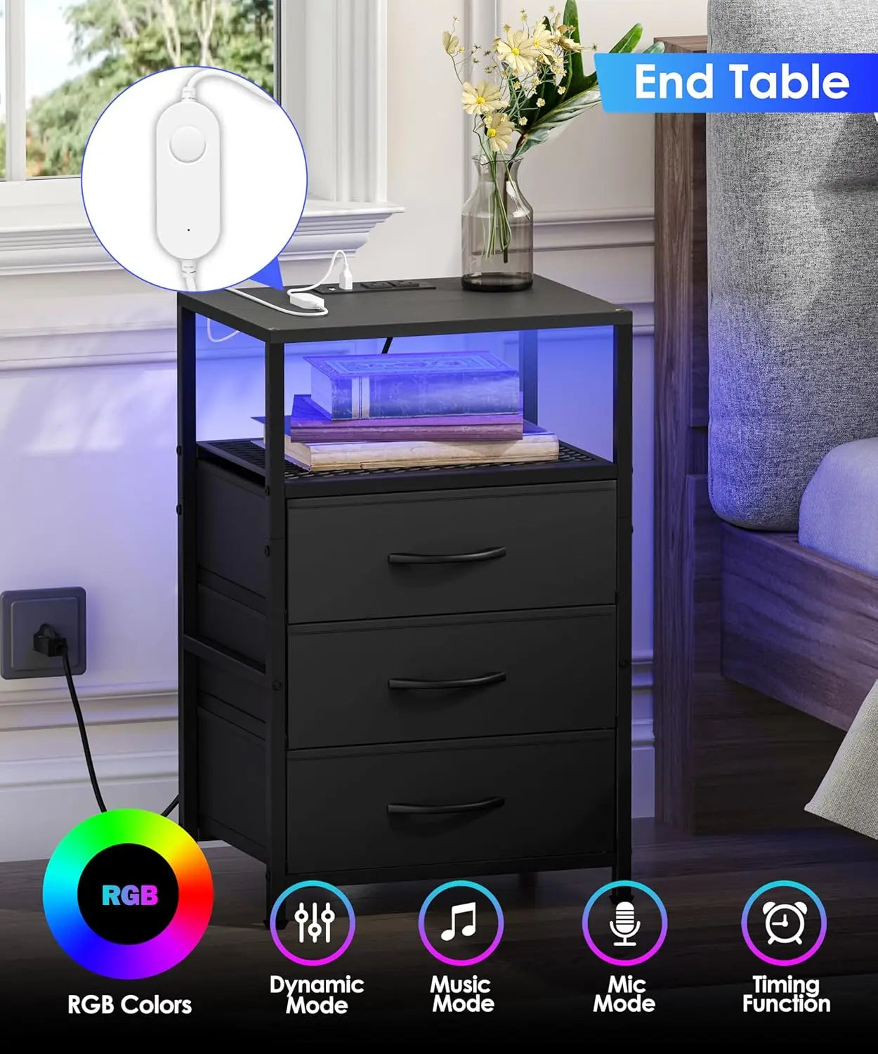 LED Nightstand with Charging Station, 3 Drawers & Open Shelf, RGB Lights Sync to Music, Black