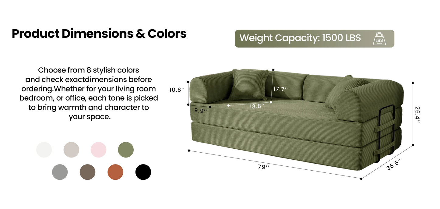 79’’ Folding Convertible Sofa Bed Corduroy Upholstered Boneless Couch, Loveseat Sleeper Floor Sofa for Living Room Bedroom
