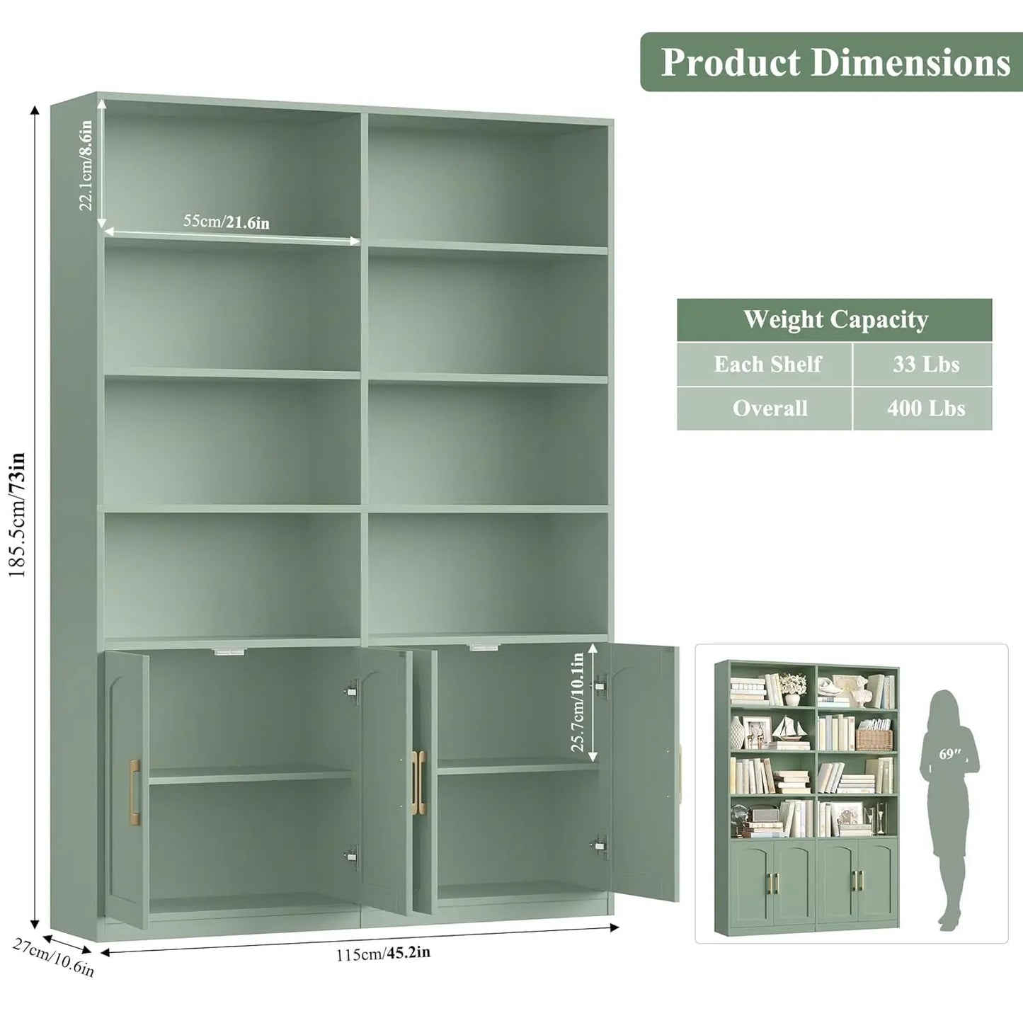 Bookshelf and Bookcase with Doors, 6 Tier Double Wide Large Bookshelves, Open Display Shelves, 73'' Tall Bookshelf, Customized