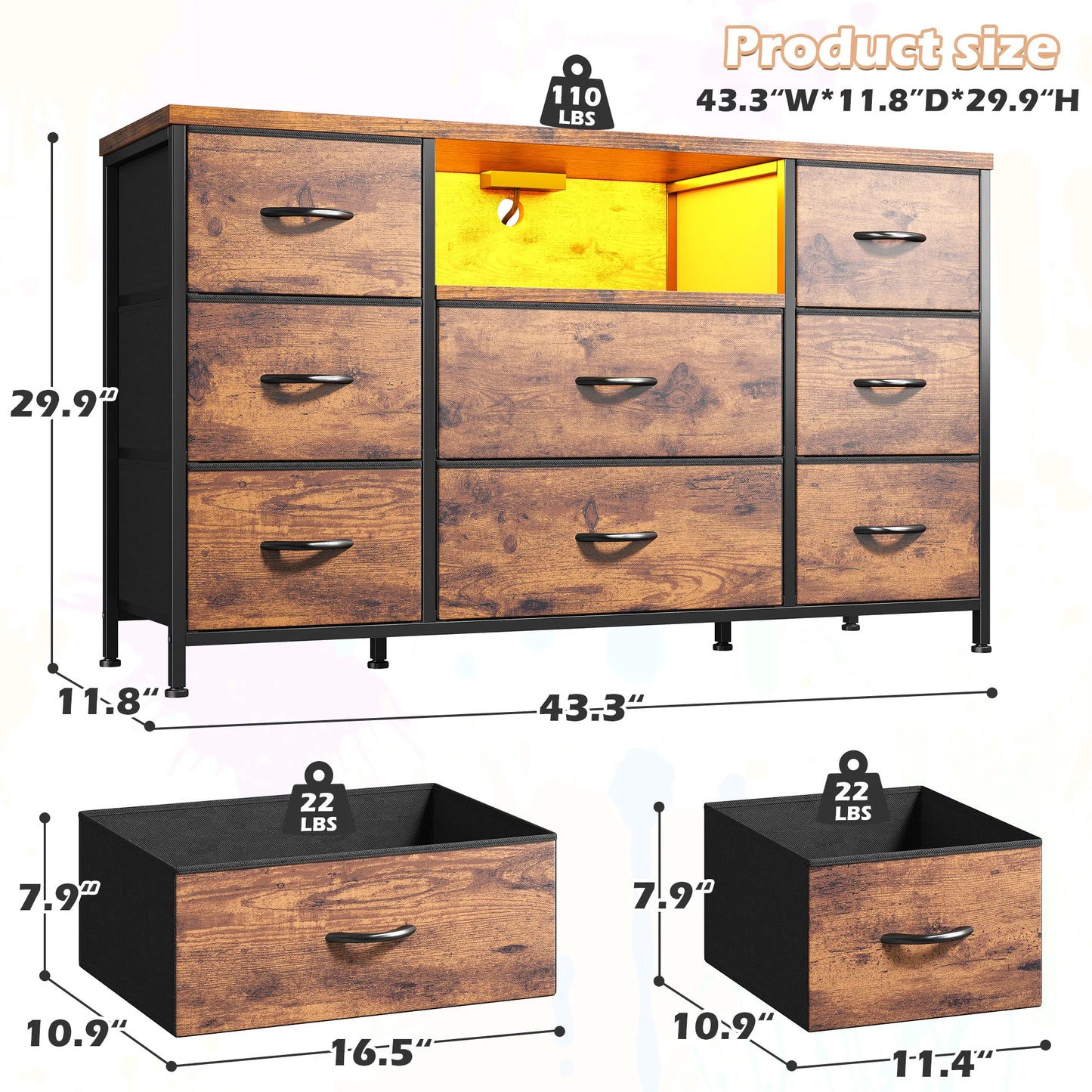 8-Drawer Media Dresser with LED Lighting & Built-in Charging Station - Fabric Storage Cabinet for 55" TVs, Ideal for Bedroom