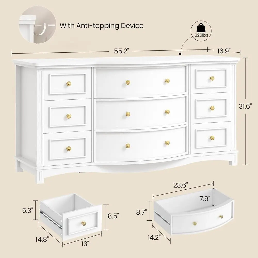9-Drawer Wide Dresser with 3 Arc Fronts, Roman Columns, White, 55 Long for Bedroom Storage
