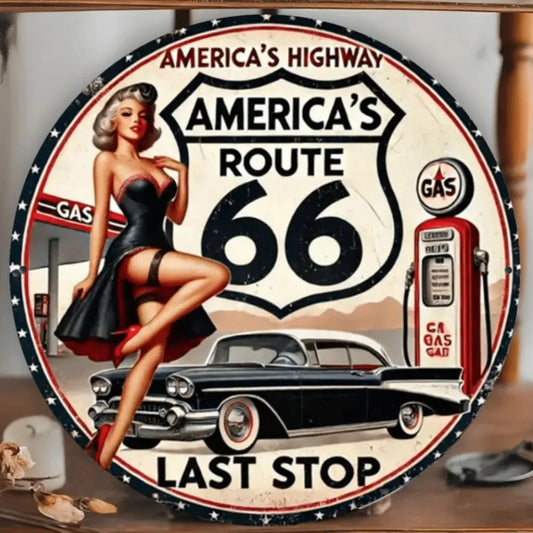 Route 66 Metal Sign Vintage Wall Decor with Pinup Girl & Classic Car for Bar Cafe Gift