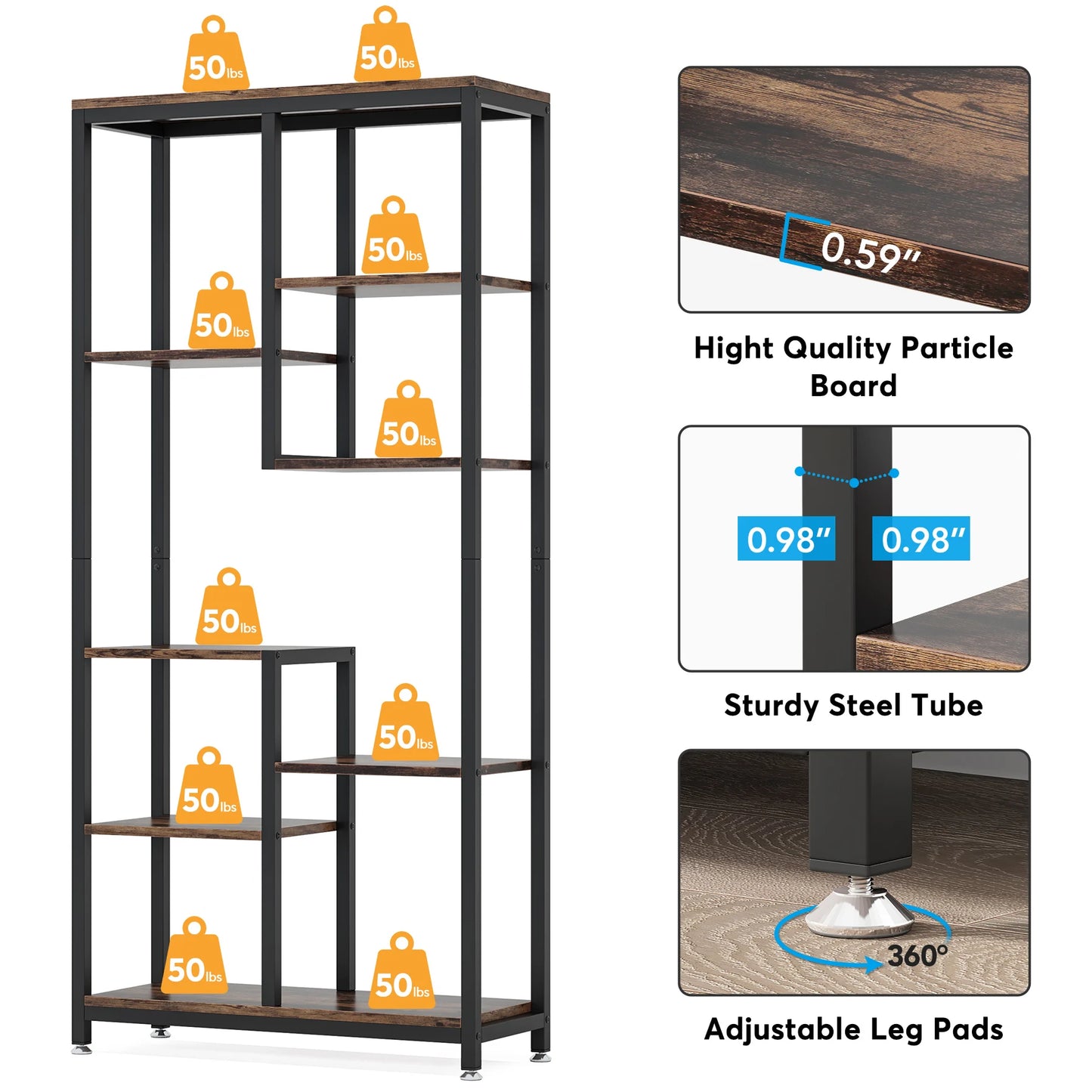 Tribesigns Modern 8-Tier Staggered Bookcase -, Wide Wood Etagere Shelving Unit