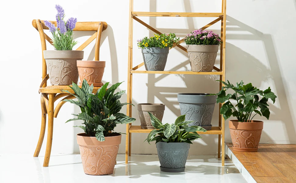 Pots Indoor with Drainage & Saucer, 7 inch Flower Pots Outdoor Planters for Indoor Plants Garden Home Decor
