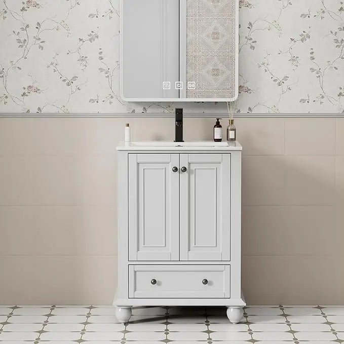 24" Bathroom Vanity Sink Combo Vintage Style with Painted Solid Wood Construction, Retro Vanities Storage Cabinet w/Gourd Leg