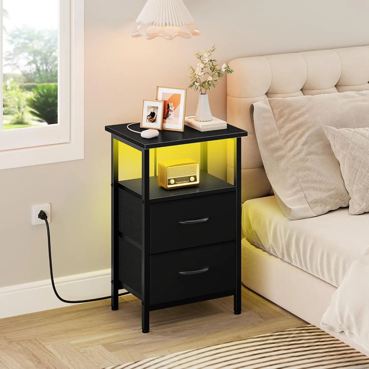 2-Piece Nightstand Set with LED Lights & Charging Station, 2 Fabric Drawers & Storage Shelves, Black Bedside Tables for Bedroom